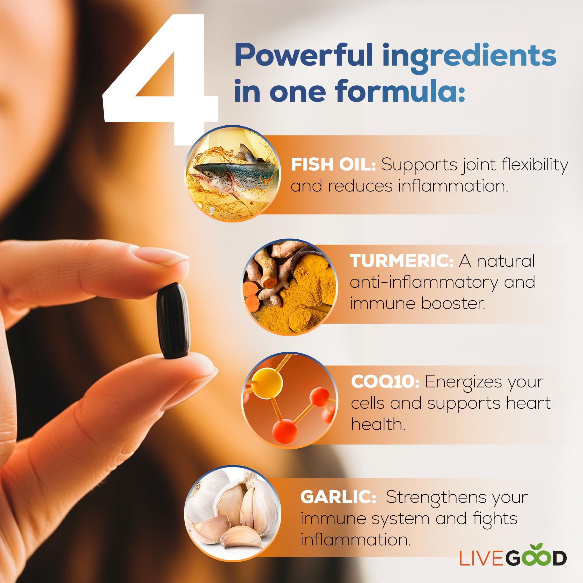 LIVEGOOD Factor 4 label close-up showing CoQ10 and turmeric ingredients