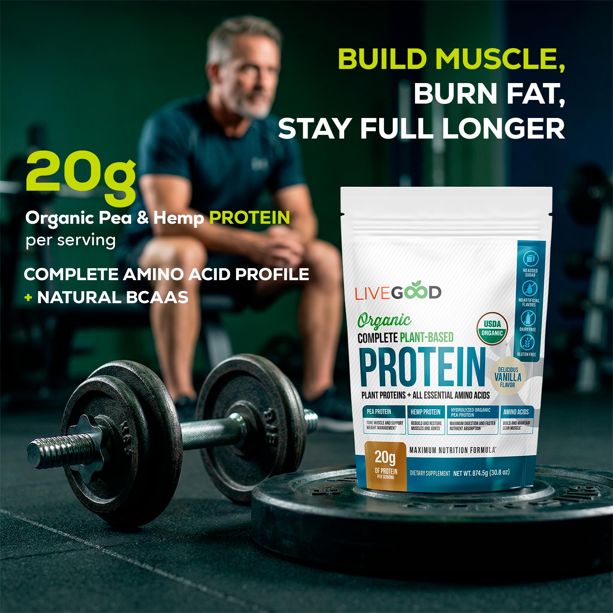 LiveGood hemp protein ingredients closeup for antioxidants and fiber.