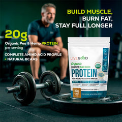LiveGood hemp protein ingredients closeup for antioxidants and fiber.