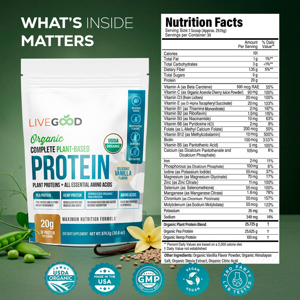 LiveGood organic pea protein powder dry scoop ready to mix for balanced nutrition.