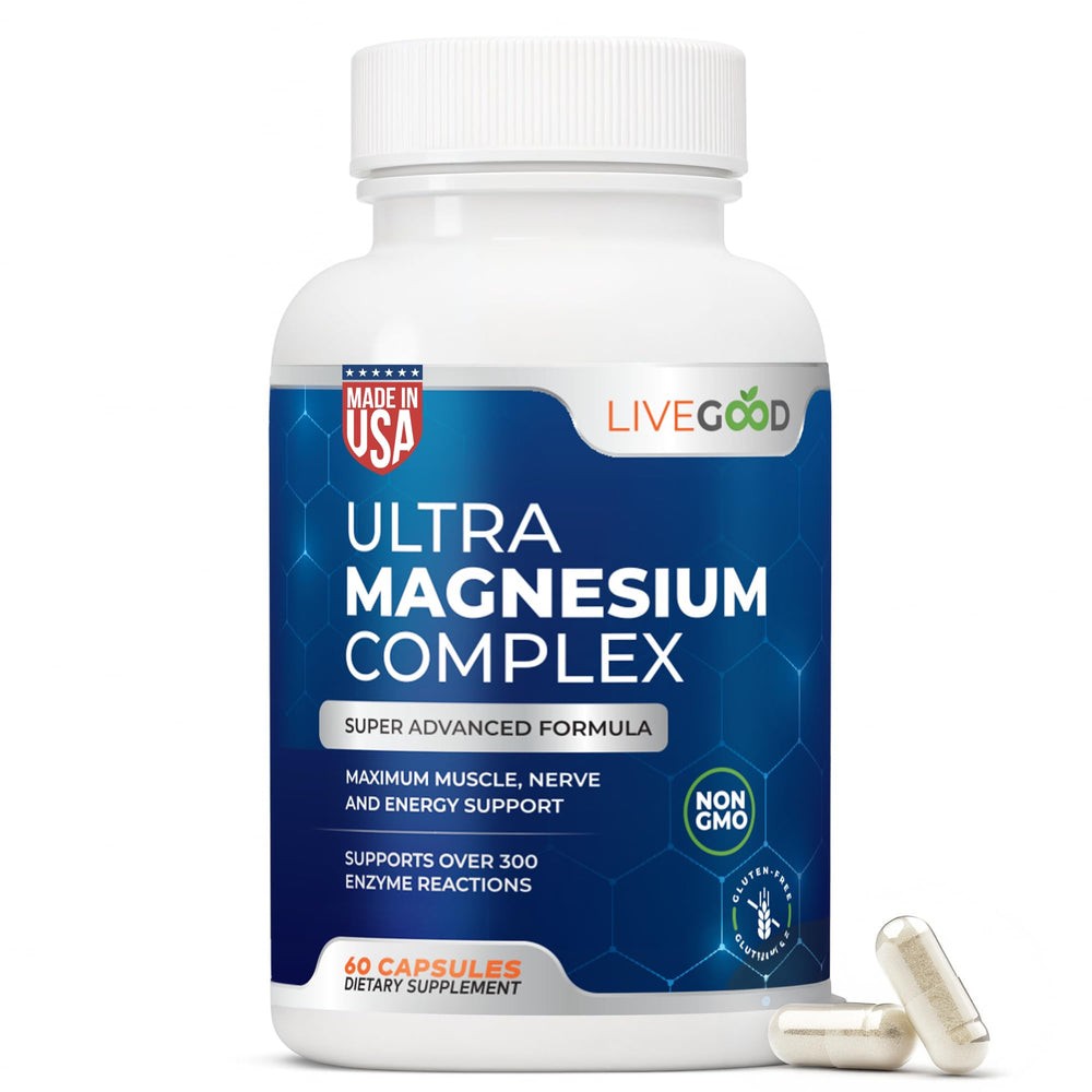 LiveGood Ultra Magnesium Complex bottle front for daily muscle support.