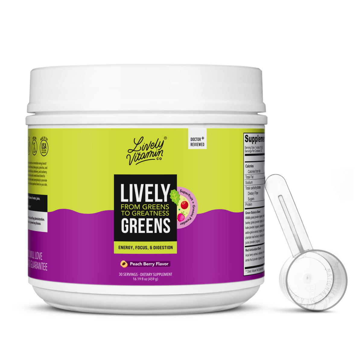 Lively Vitamin Co Lively Greens with Reds bottle closeup with peach-berry flavor for daily energy
