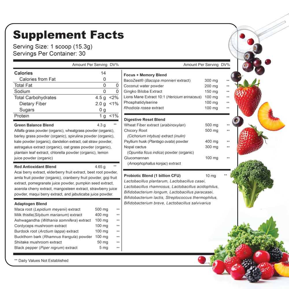 Lively Vitamin Co Lively Greens with Reds glass shake showcasing vibrant greens for daily focus