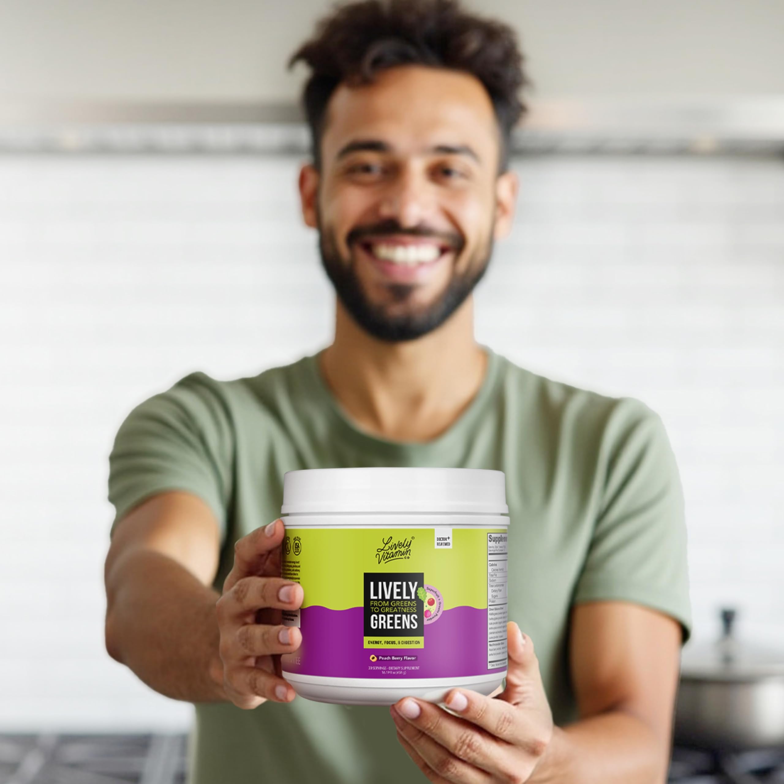 Lively Vitamin Co Lively Greens with Reds closeup of ingredients list for a nutrient-dense daily routine