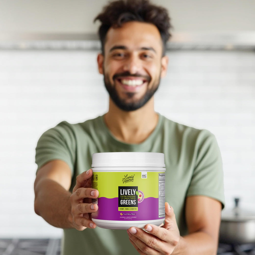 Lively Vitamin Co Lively Greens with Reds closeup of ingredients list for a nutrient-dense daily routine