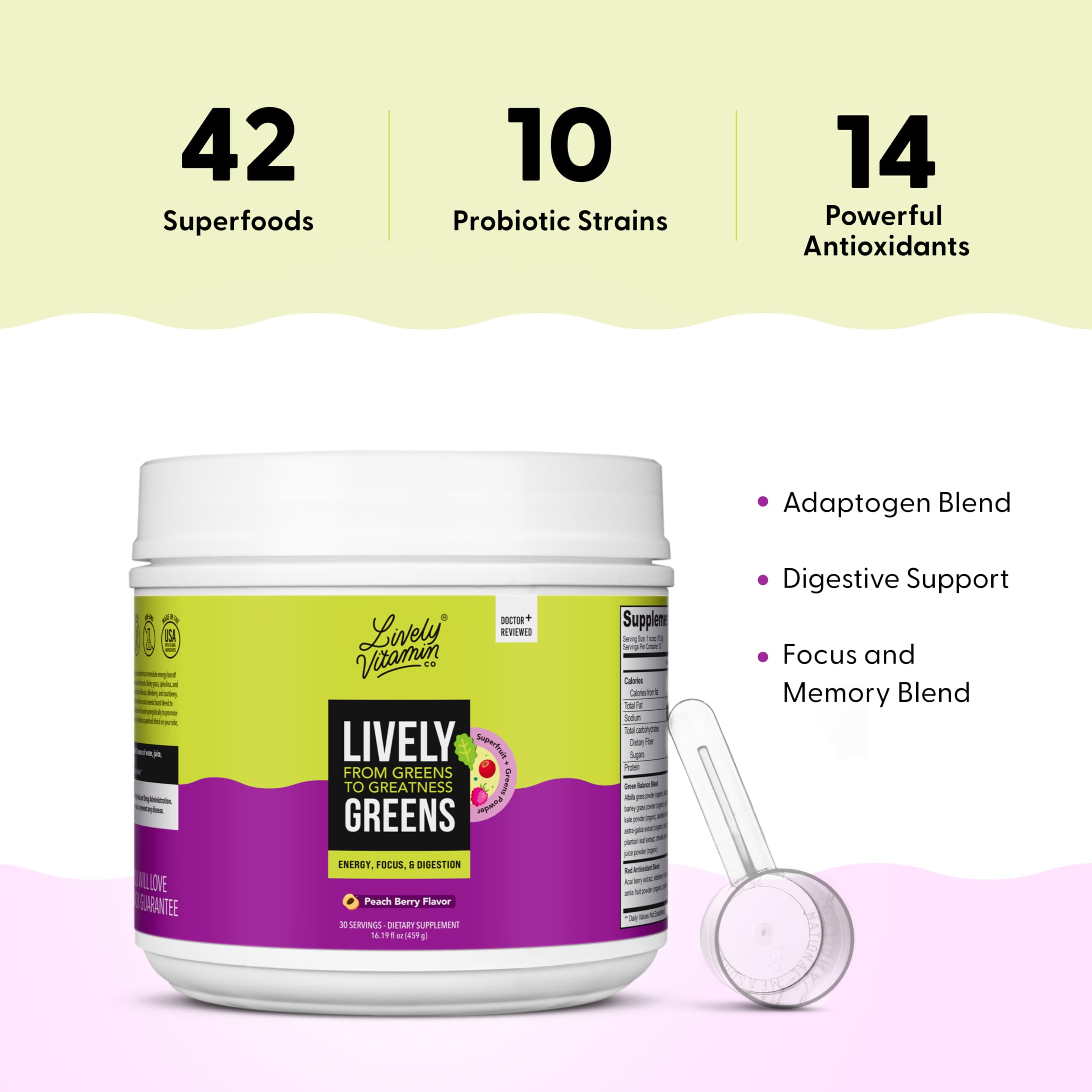 Lively Vitamin Co Lively Greens with Reds peach-berry flavor in a tall glass for an enjoyable daily ritual