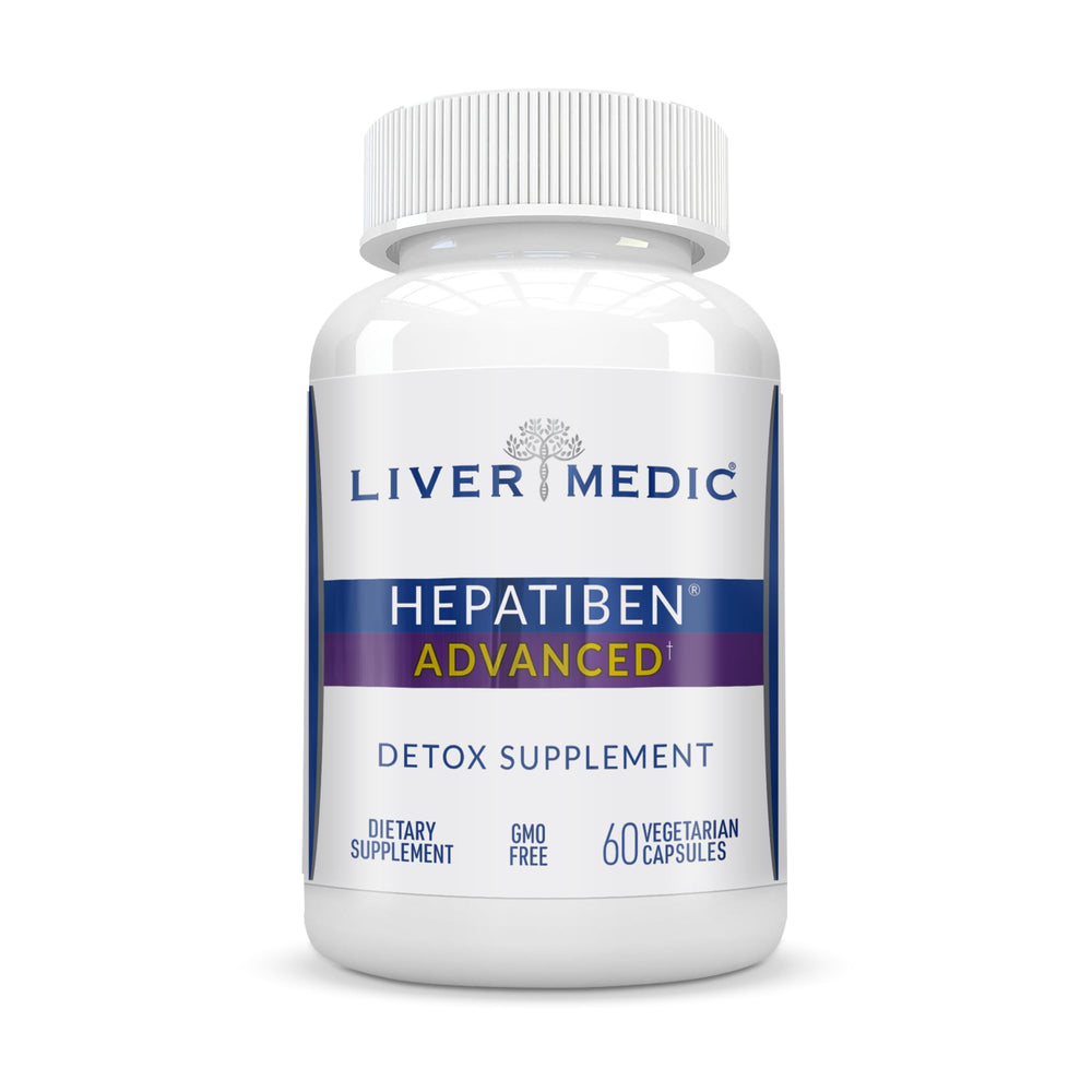 Liver Medic Hepatiben bottle front view showing all-in-one liver support.