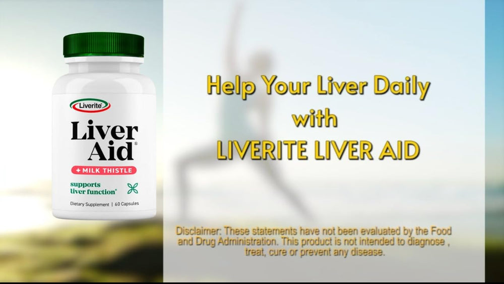 LIVERITE Liver Aid countertop scene showing bottle and label.