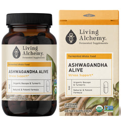 Living Alchemy bottle of capsules showcasing ashwangdha for restful evenings and steady mood.