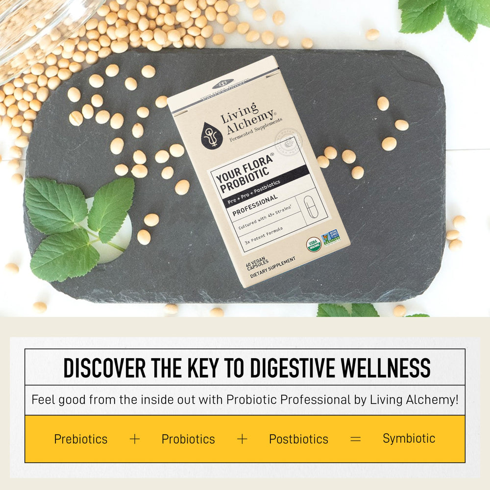 Living Alchemy fermented soybean capsules close-up highlighting probiotic source.