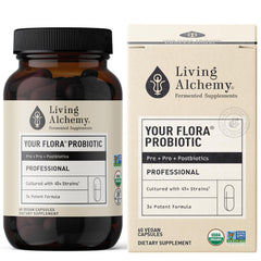 Living Alchemy Gut Health bottle with probiotic capsules for daily digestion support.