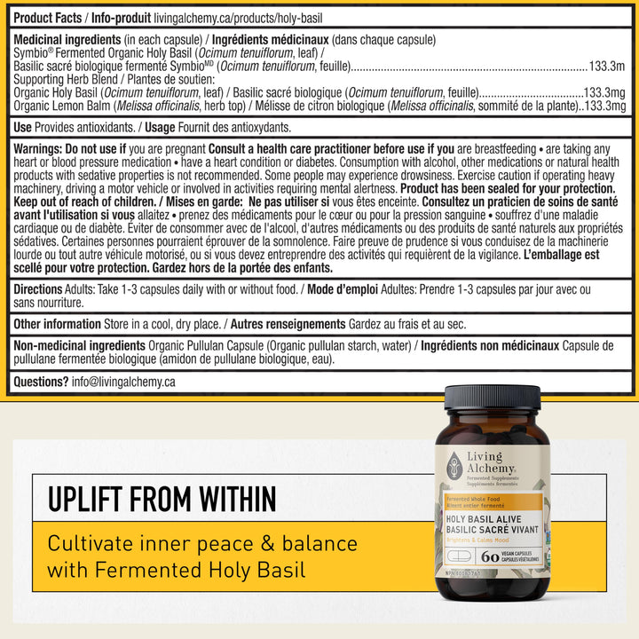 Living Alchemy Holy Basil capsules close-up suggesting focus and mood support.