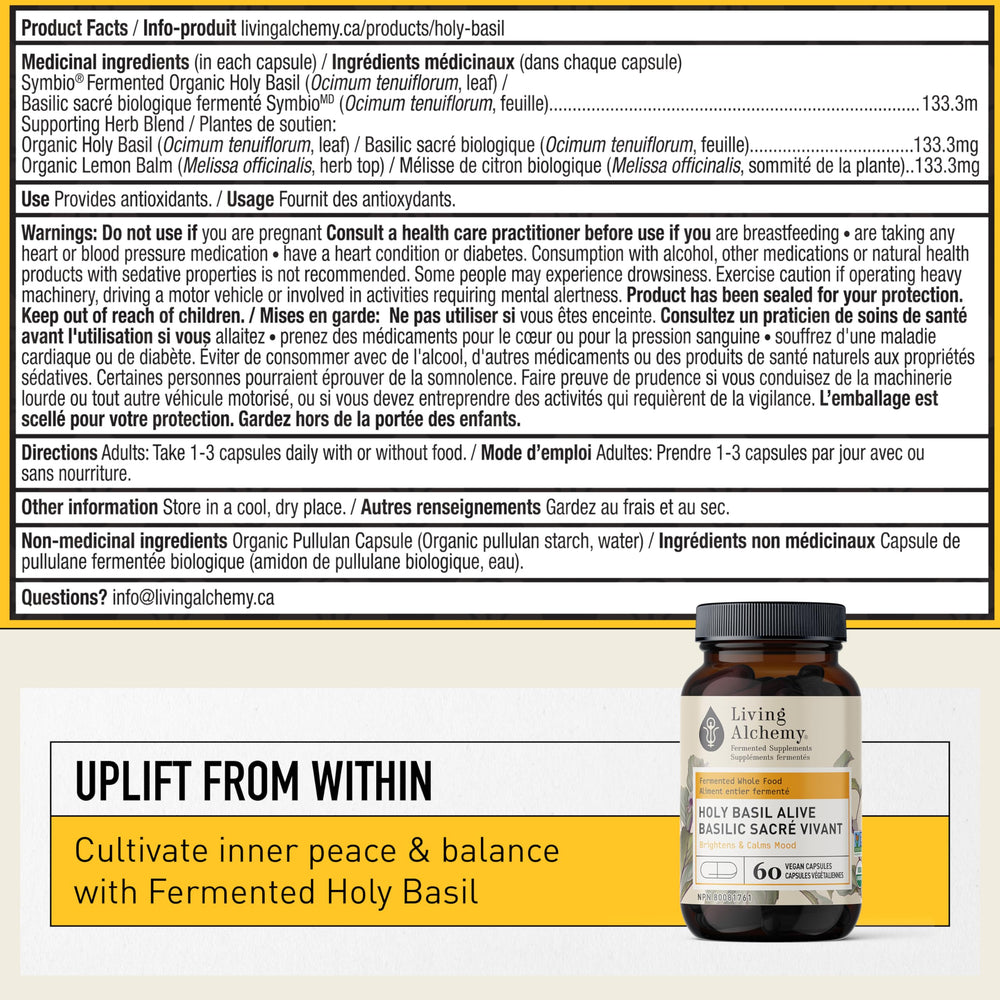 Living Alchemy Holy Basil capsules close-up suggesting focus and mood support.