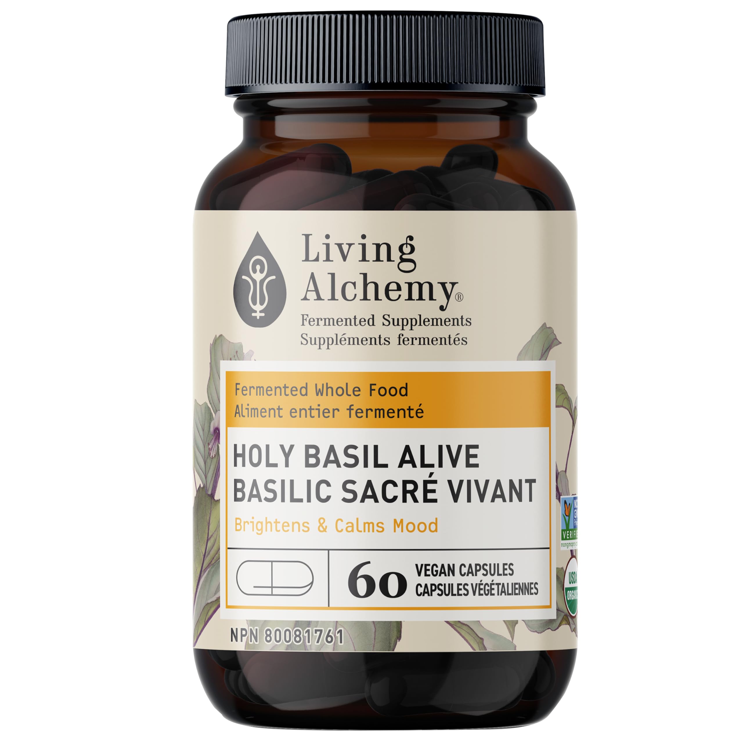 Living Alchemy Holy Basil supplements bottle showing the fermented formula for daily calm.