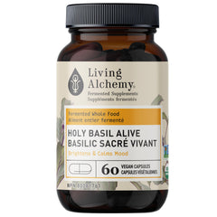 Living Alchemy Holy Basil supplements bottle showing the fermented formula for daily calm.