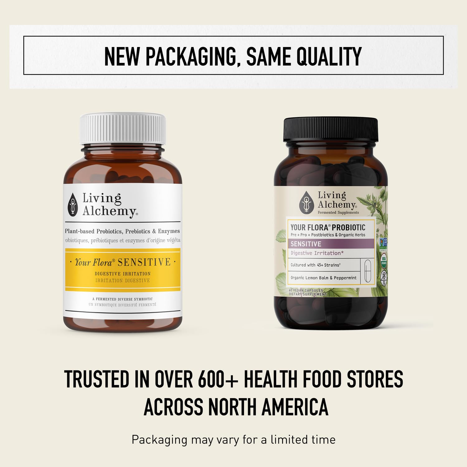 Living Alchemy prebiotic-probiotic blend capsules support daily digestive balance.