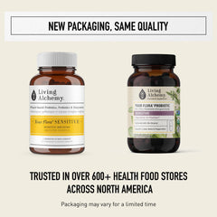 Living Alchemy prebiotic-probiotic blend capsules support daily digestive balance.