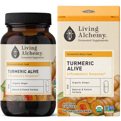 Living Alchemy turmeric ginger capsules bottle for joint comfort and digestion support.