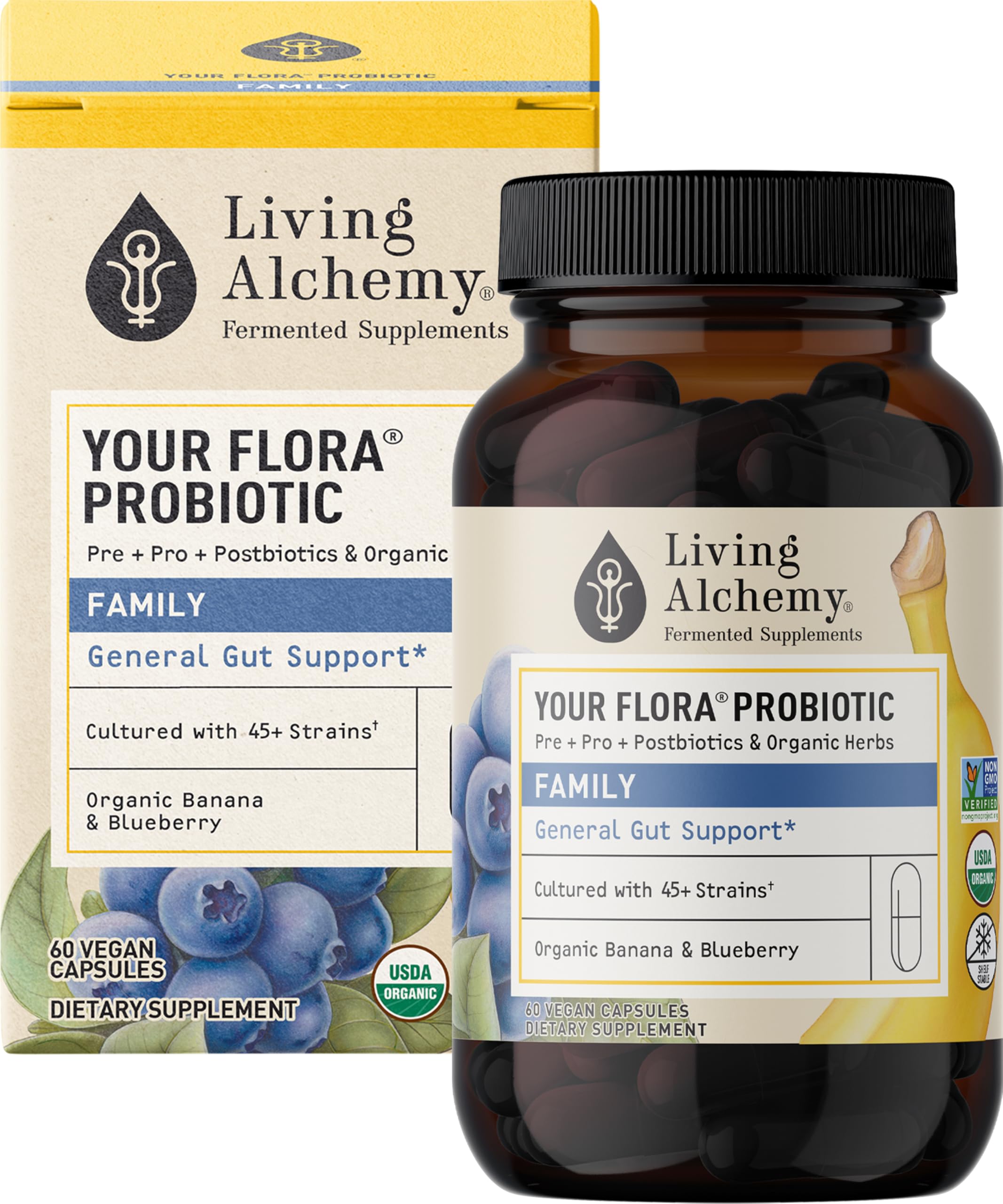 Living Alchemy Your Flora Probiotic Family bottle front supports daily gut balance