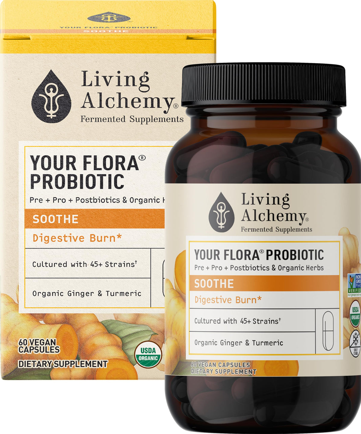 Living Alchemy Your Flora Probiotic Soothe bottle displaying calm gut support visuals