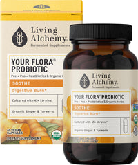 Living Alchemy Your Flora Probiotic Soothe bottle displaying calm gut support visuals