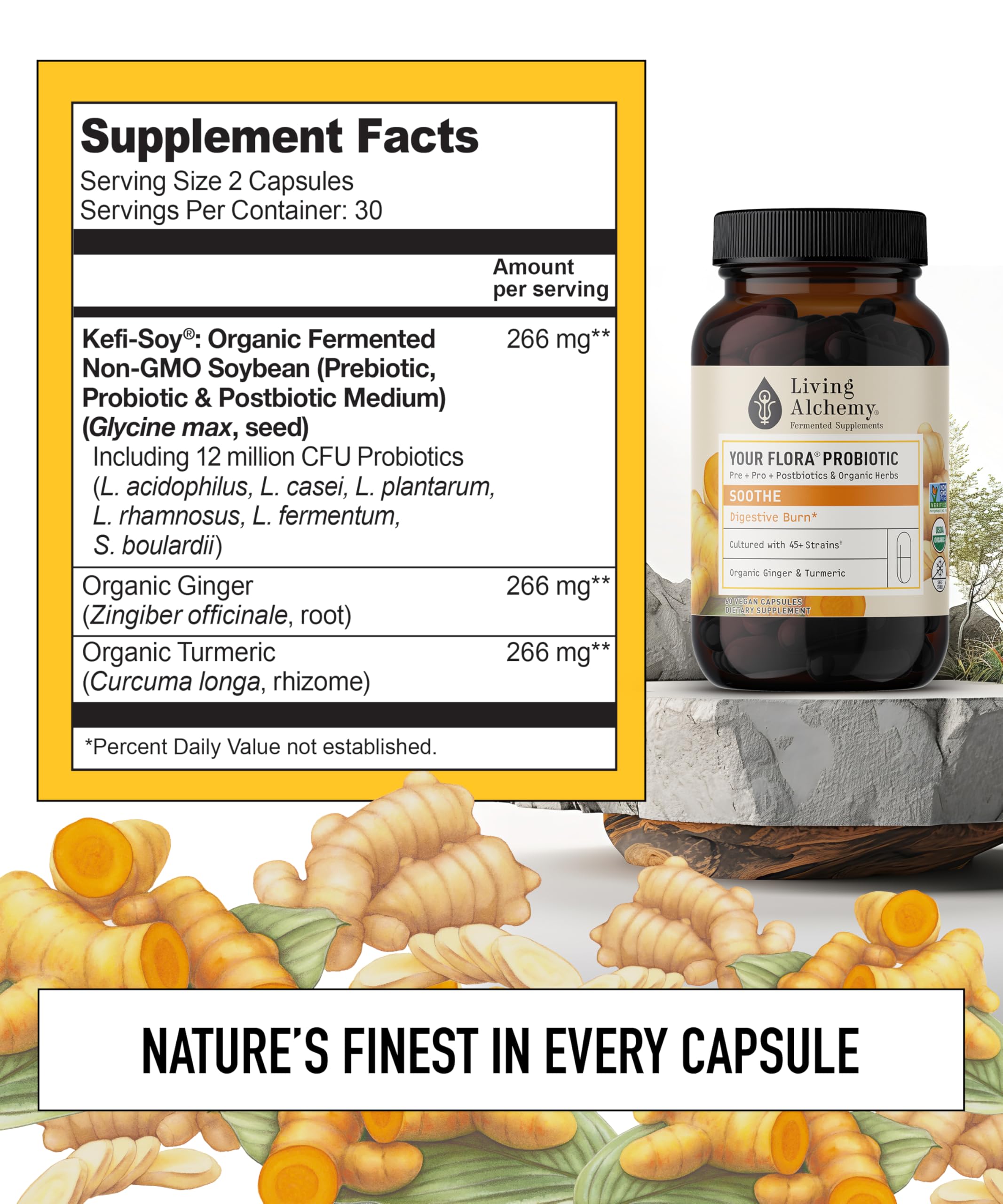 Closeup of Your Flora Probiotic Soothe capsules for daily gut balance