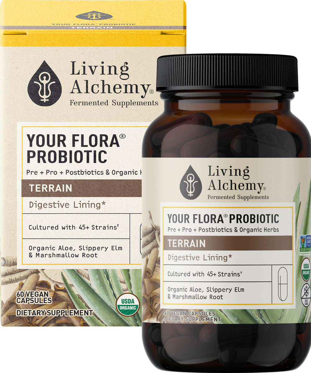 Living Alchemy Your Flora Terrain bottle front promotes gut balance and digestion.