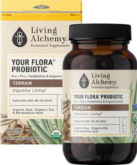 Living Alchemy Your Flora Terrain bottle front promotes gut balance and digestion.