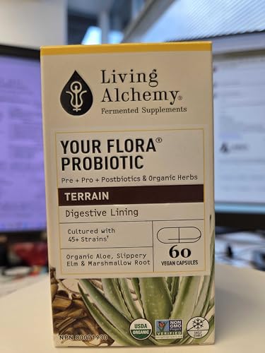 Living Alchemy Your Flora Terrain capsules close-up highlighting multiple strains and enzymes.