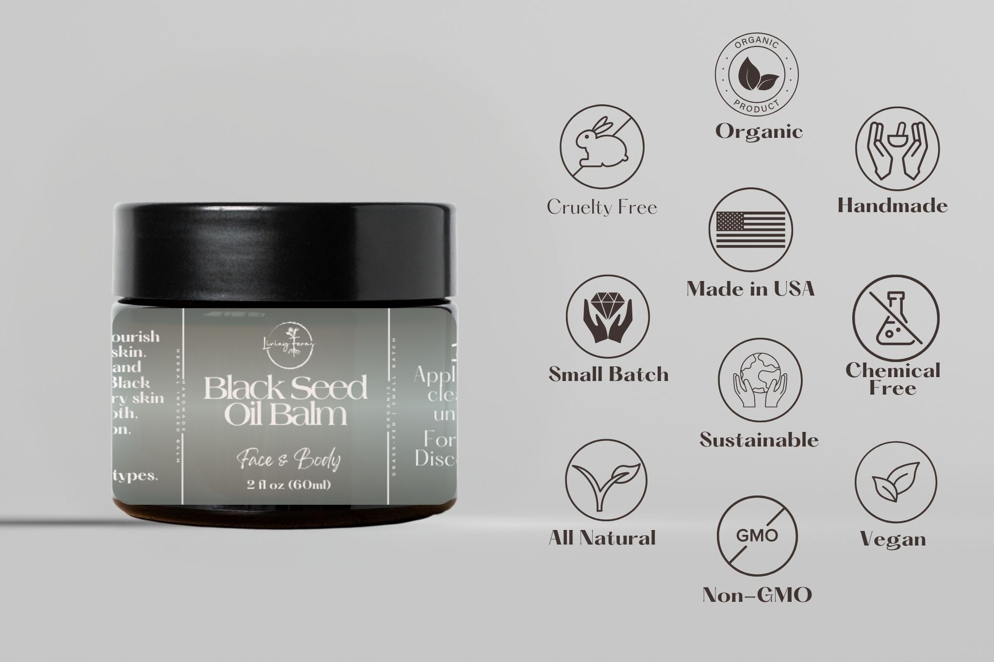 Close-up of Living Farms balm ingredients: organic black seed oil, kokum butter