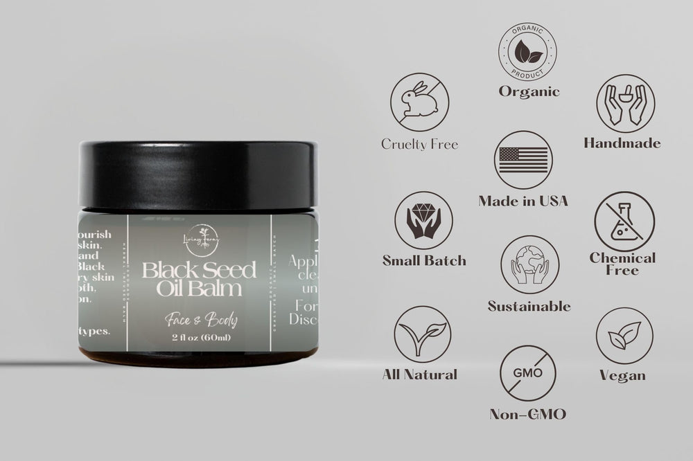 Close-up of Living Farms balm ingredients: organic black seed oil, kokum butter