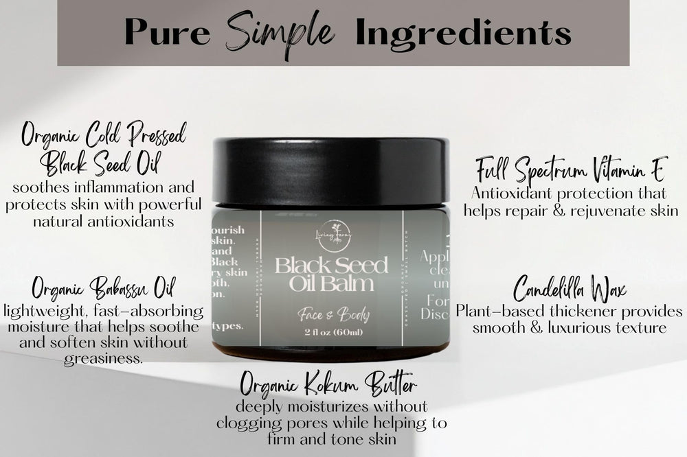 Living Farms balm jar with label highlights vegan, non-GMO formula