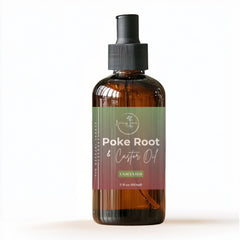 Living Farms poke root castor oil bottle with mess-free pump for easy, targeted application.
