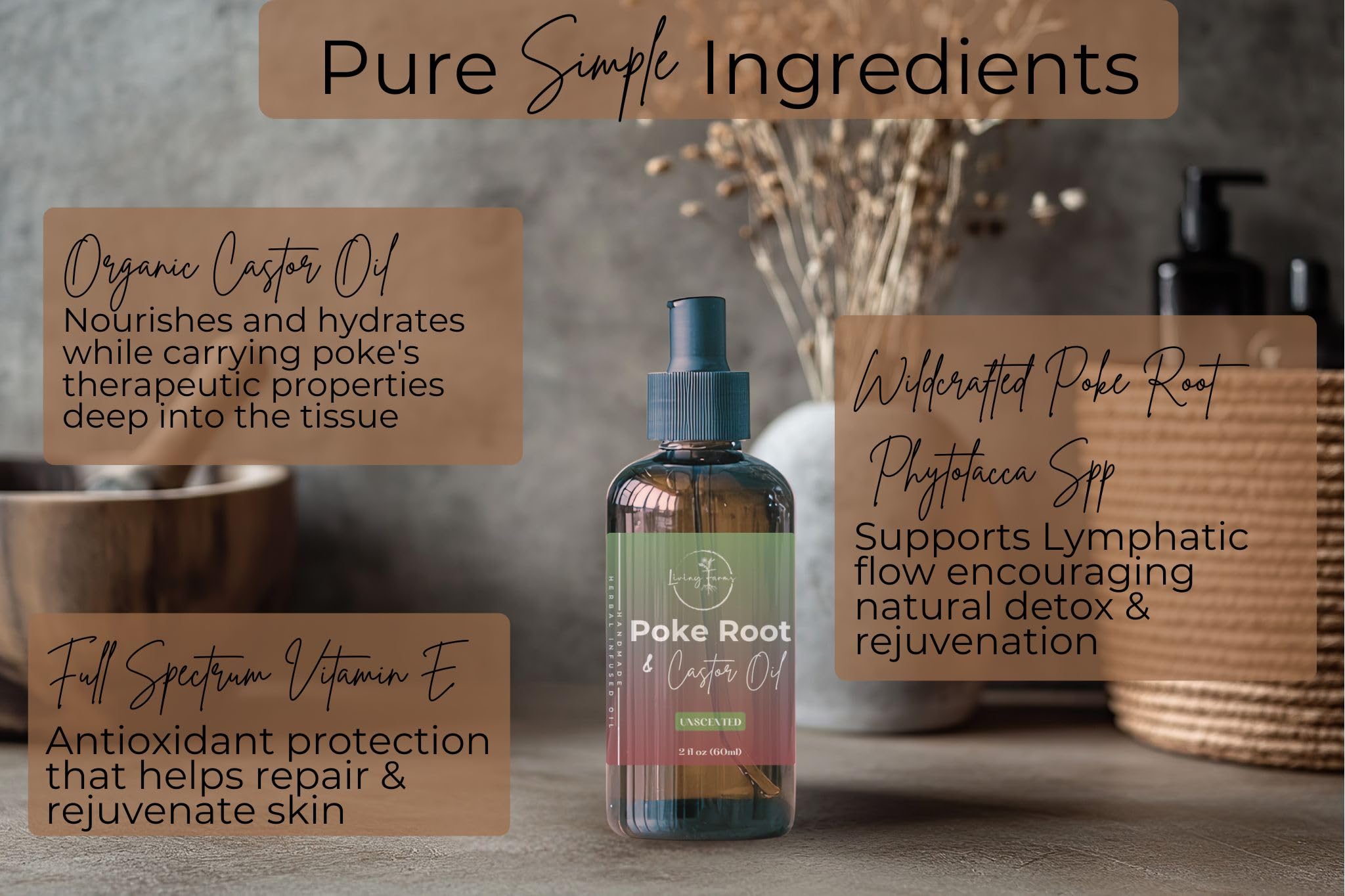 Infusion close-up showing poke root and castor oil blend for skin-friendly support.