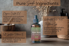 Infusion close-up showing poke root and castor oil blend for skin-friendly support.