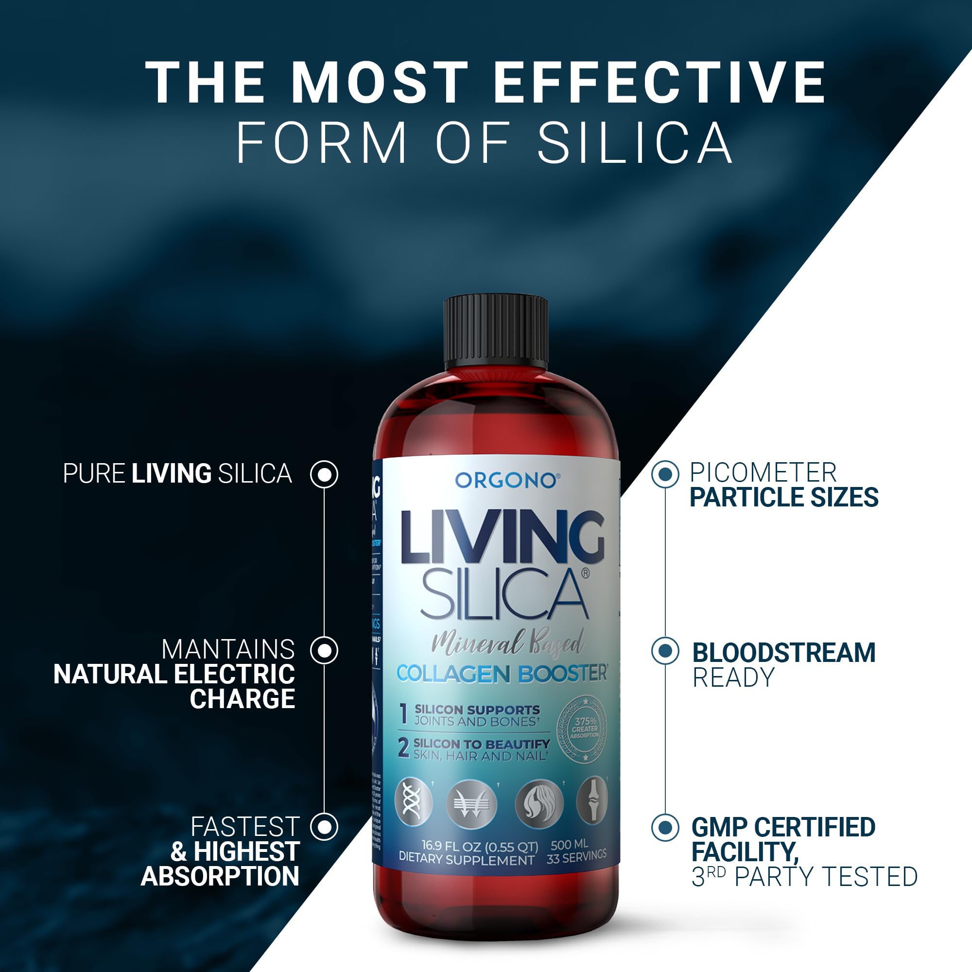 Living Silica ingredient list notes GMO-free, plant-based silica for health.