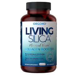 Living Silica ORGONO bottle closeup highlighting collagen-support for joints.