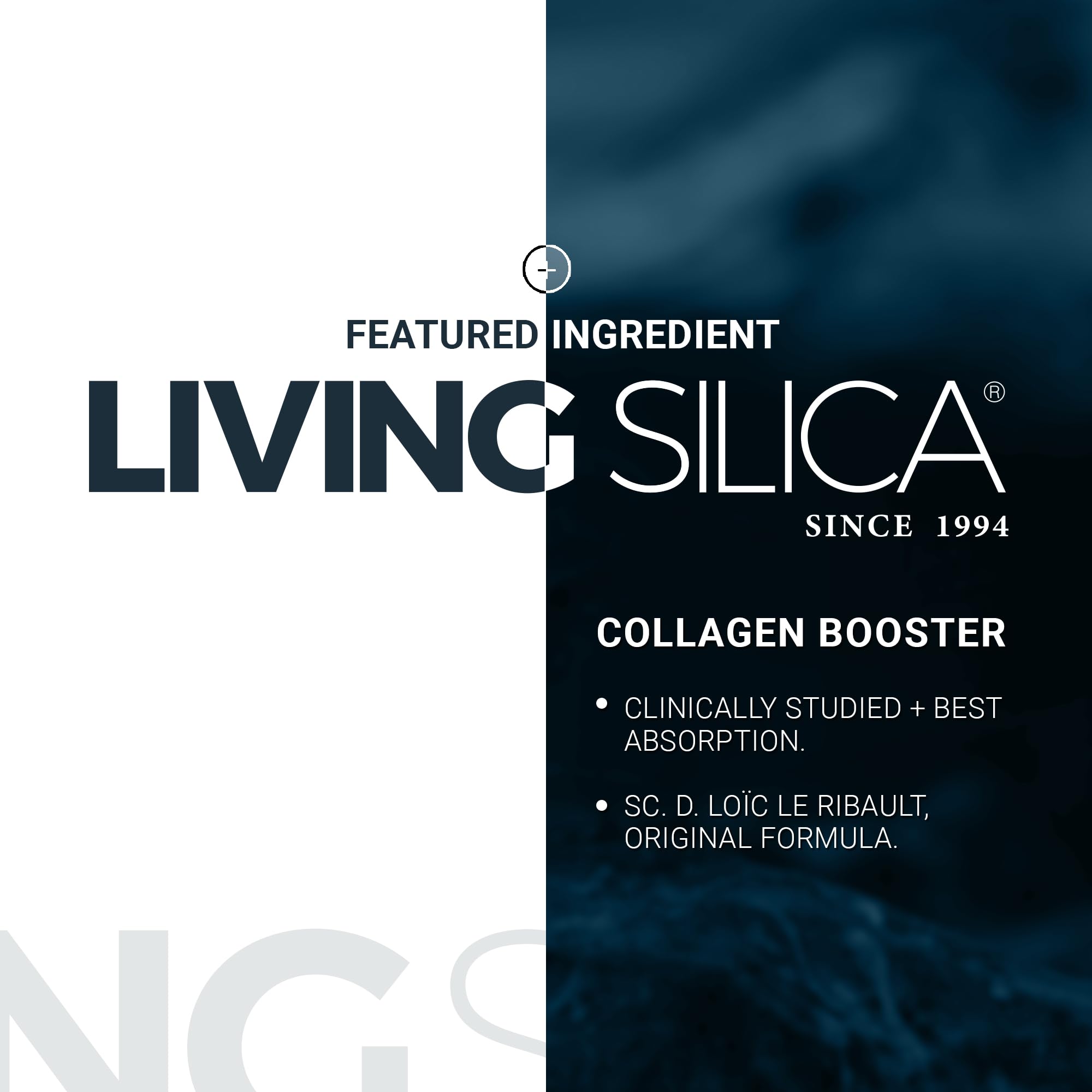 Living Silica bottle paired with skincare tools signals potential for glowing skin.