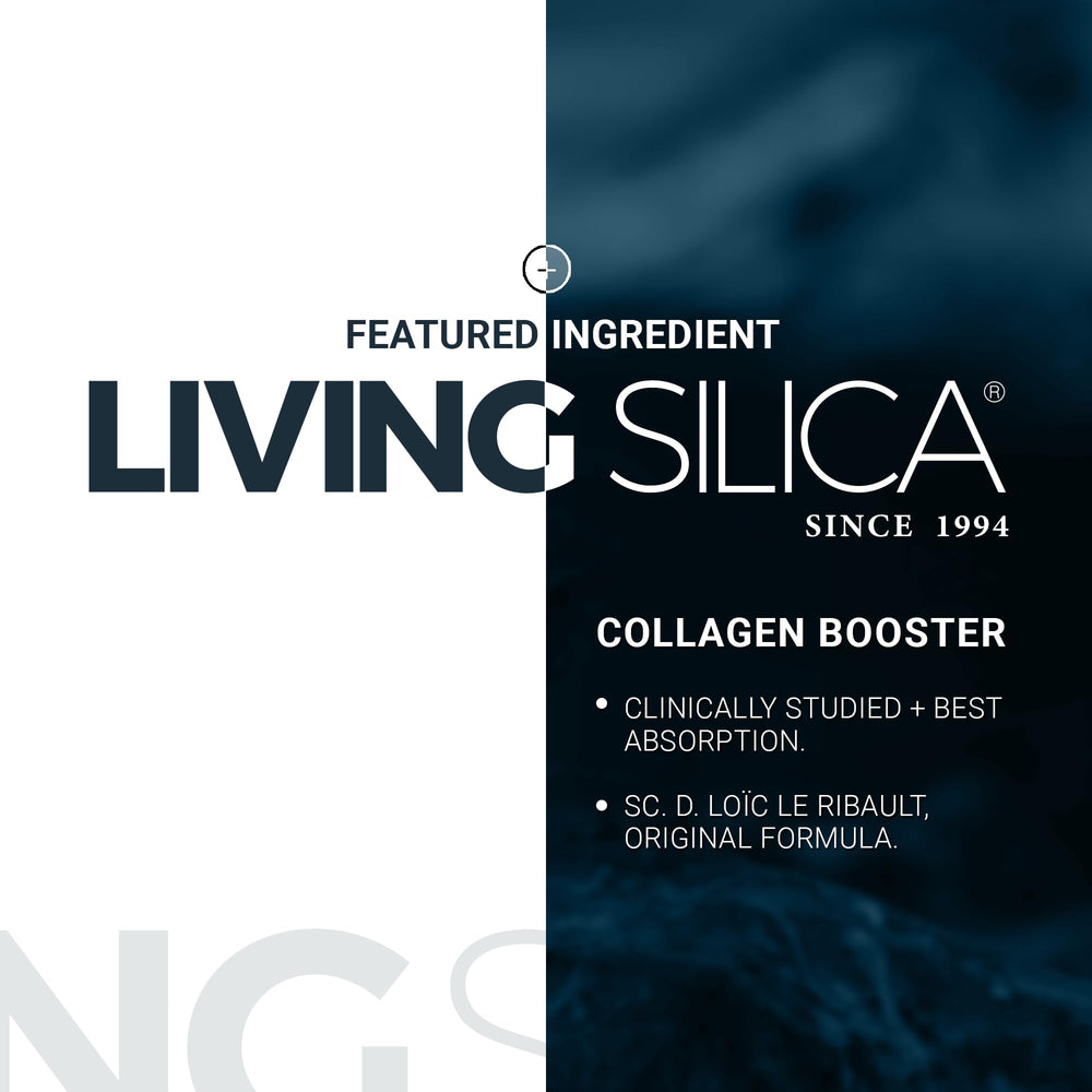 Living Silica bottle paired with skincare tools signals potential for glowing skin.