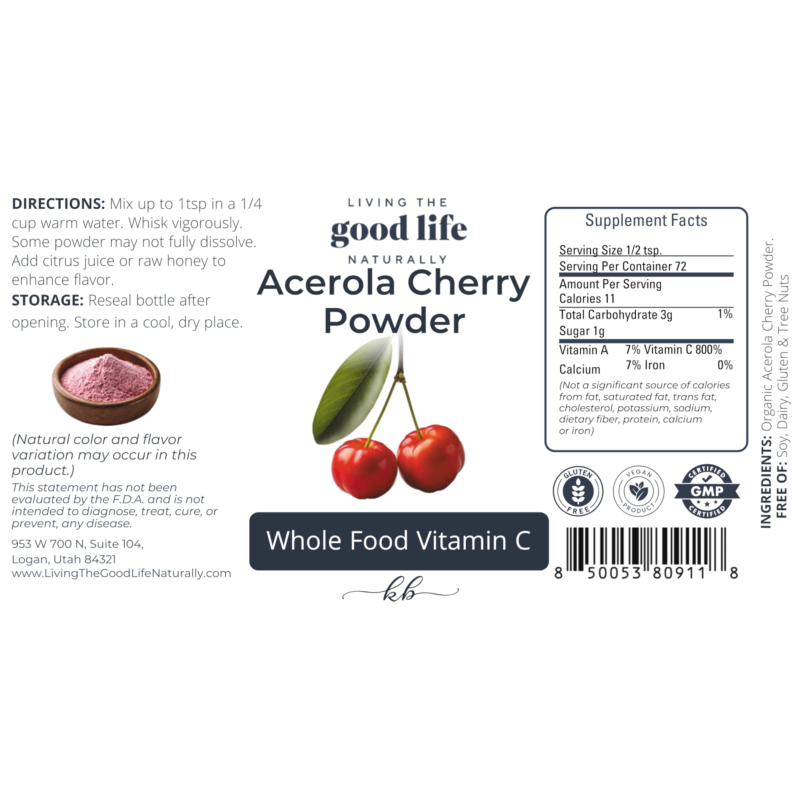 Living the Good Life Naturally acerola cherry powder scoop shows convenient daily energy and stress support.
