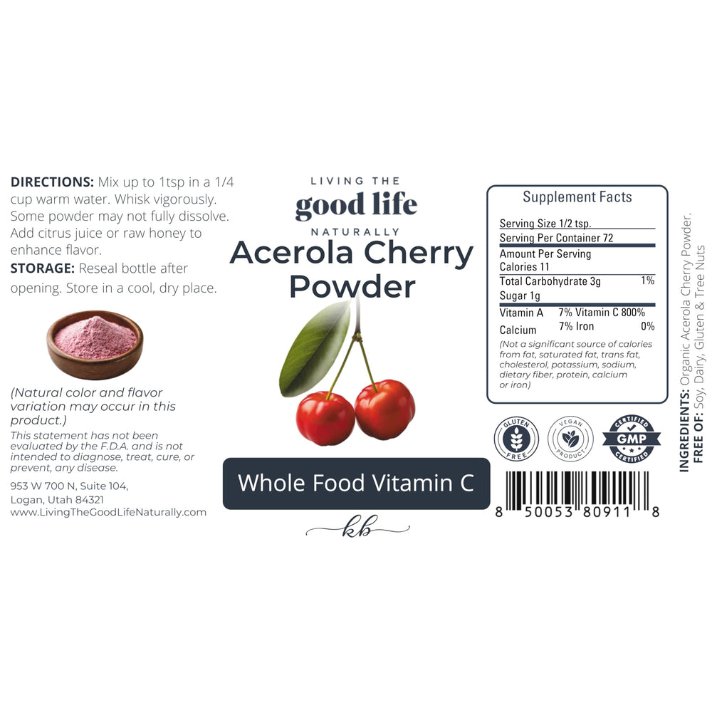 Living the Good Life Naturally acerola cherry powder scoop shows convenient daily energy and stress support.