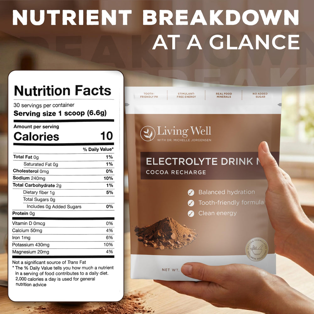 Living Well with Dr. Michelle cocoa-flavor electrolyte powder offers a comforting daily hydration option.