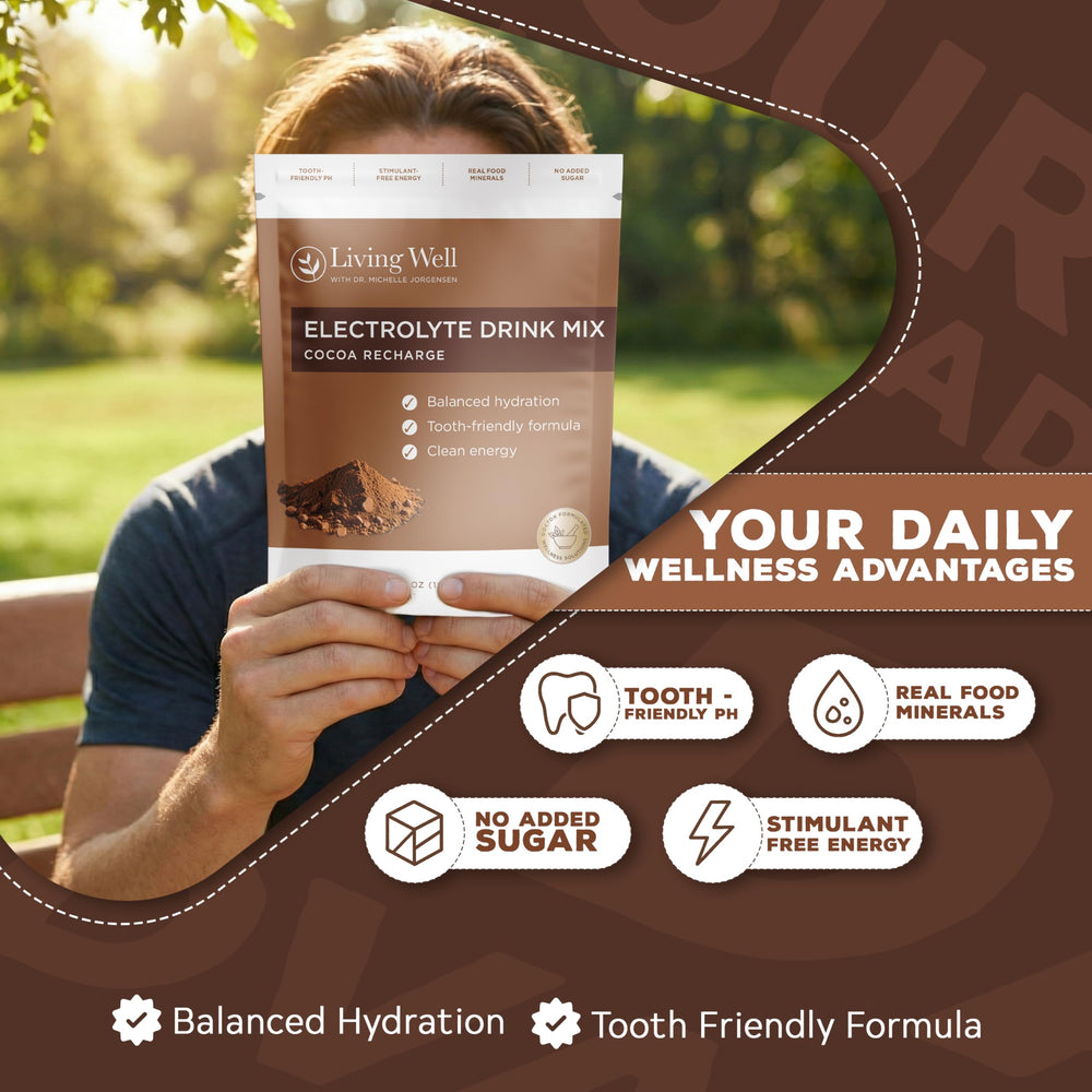 Living Well with Dr. Michelle powder on shelf suggests convenient, caffeine-free hydration anywhere.
