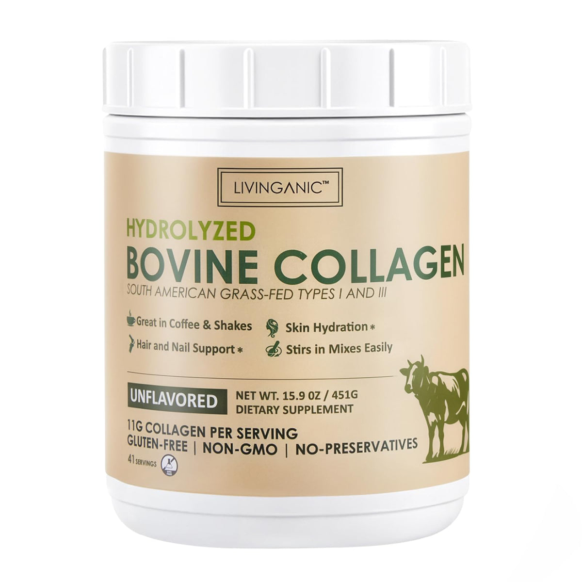 LIVINGANIC collagen peptides powder tub unflavored enables easy daily collagen integration
