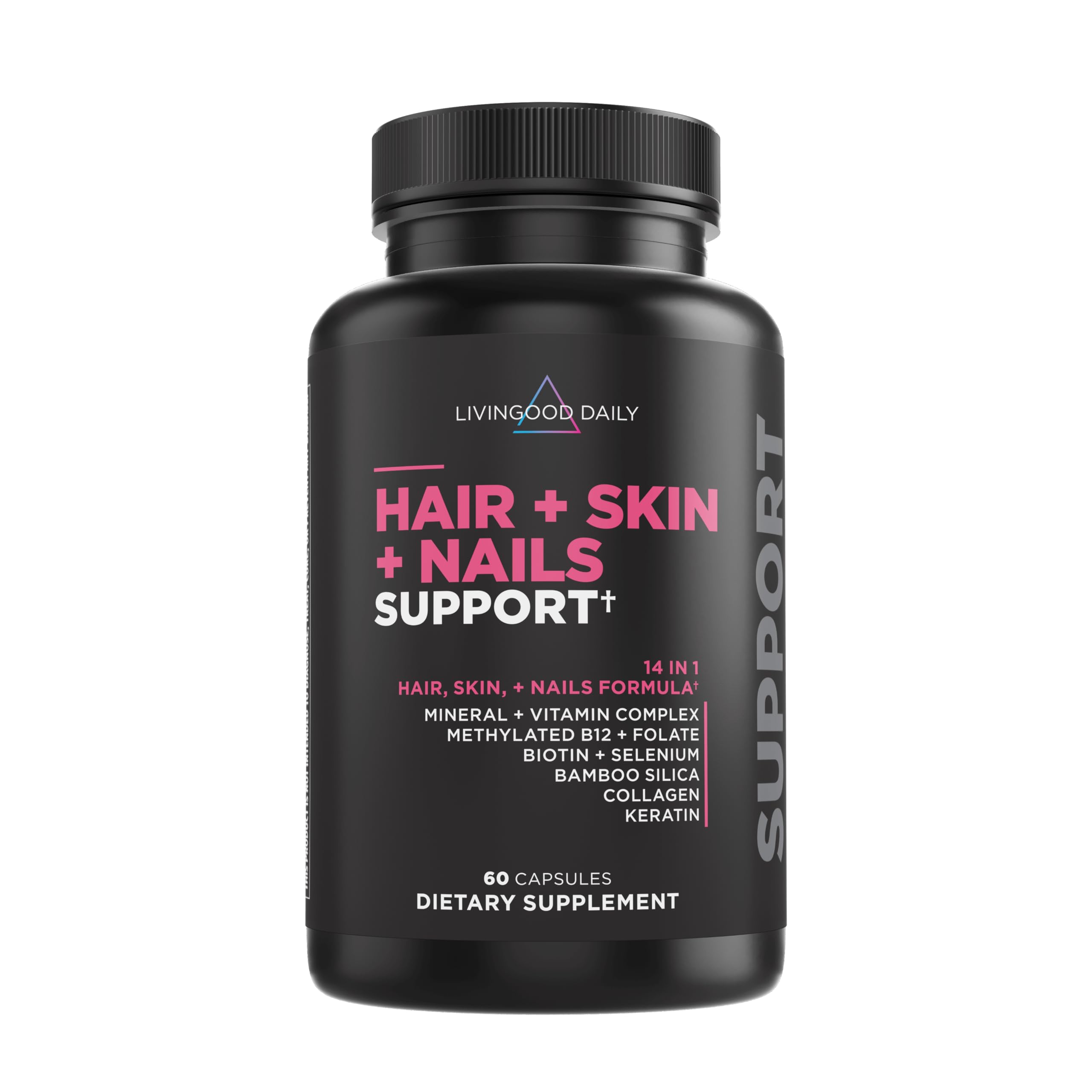 Livingood Daily 14-in-1 bottle illustrating daily beauty support for skin, hair, and nails.