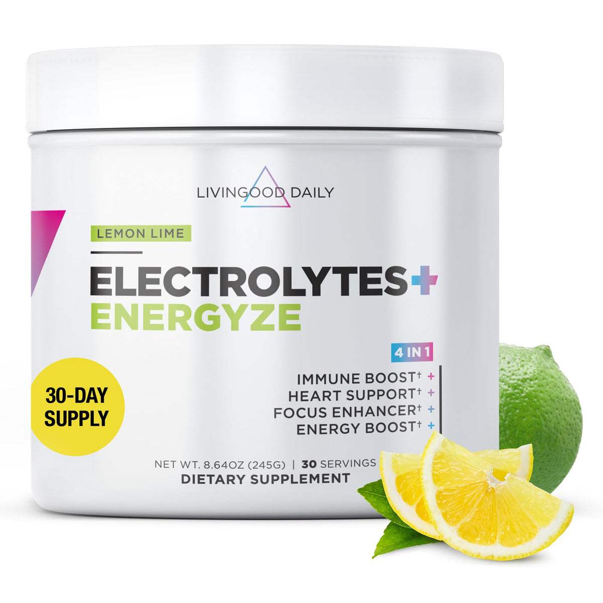 Livingood Daily Electrolytes Powder bottle supports daily hydration with essential minerals.