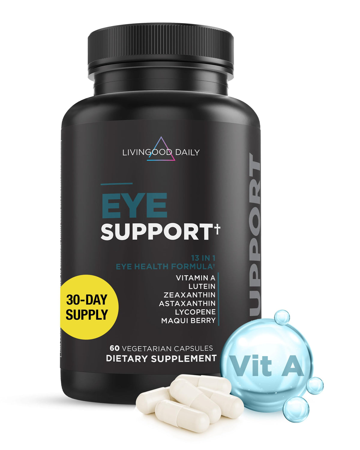 Livingood Daily Eye Support bottle with 13 nutrients for daily eye wellness.