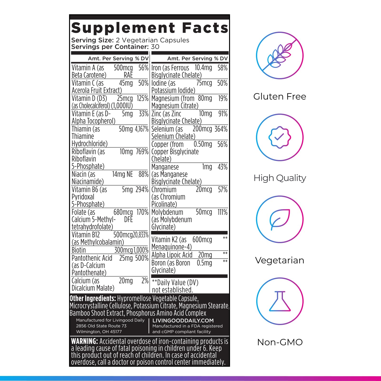 Livingood Daily methylated multivitamin bottle with glass of water for everyday use
