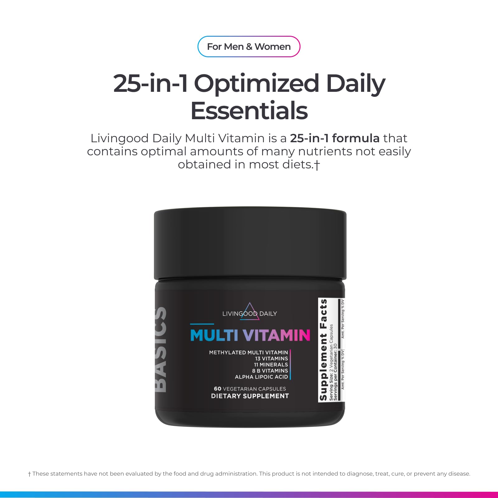 Livingood Daily methylated multivitamin ingredients label highlighting B vitamins, iron, zinc, and selenium