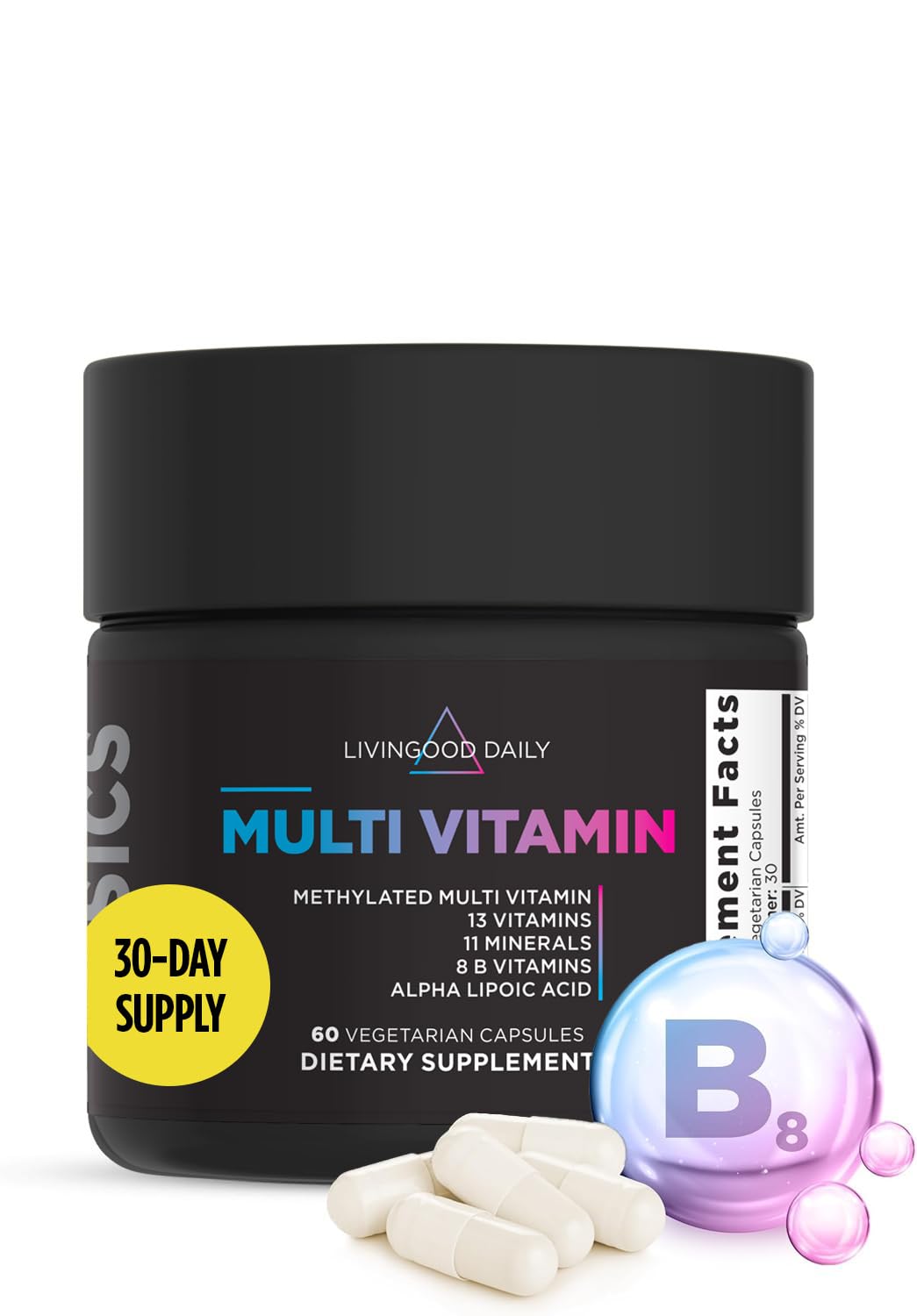 Livingood Daily methylated multivitamin bottle front for both women and men, supporting daily energy